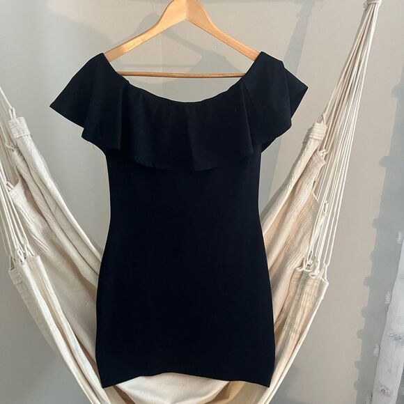 SUSANA MONACO Hannah Dress Off Shoulder Ruffles Bodycon Black Size M - Picture 1 of 7
